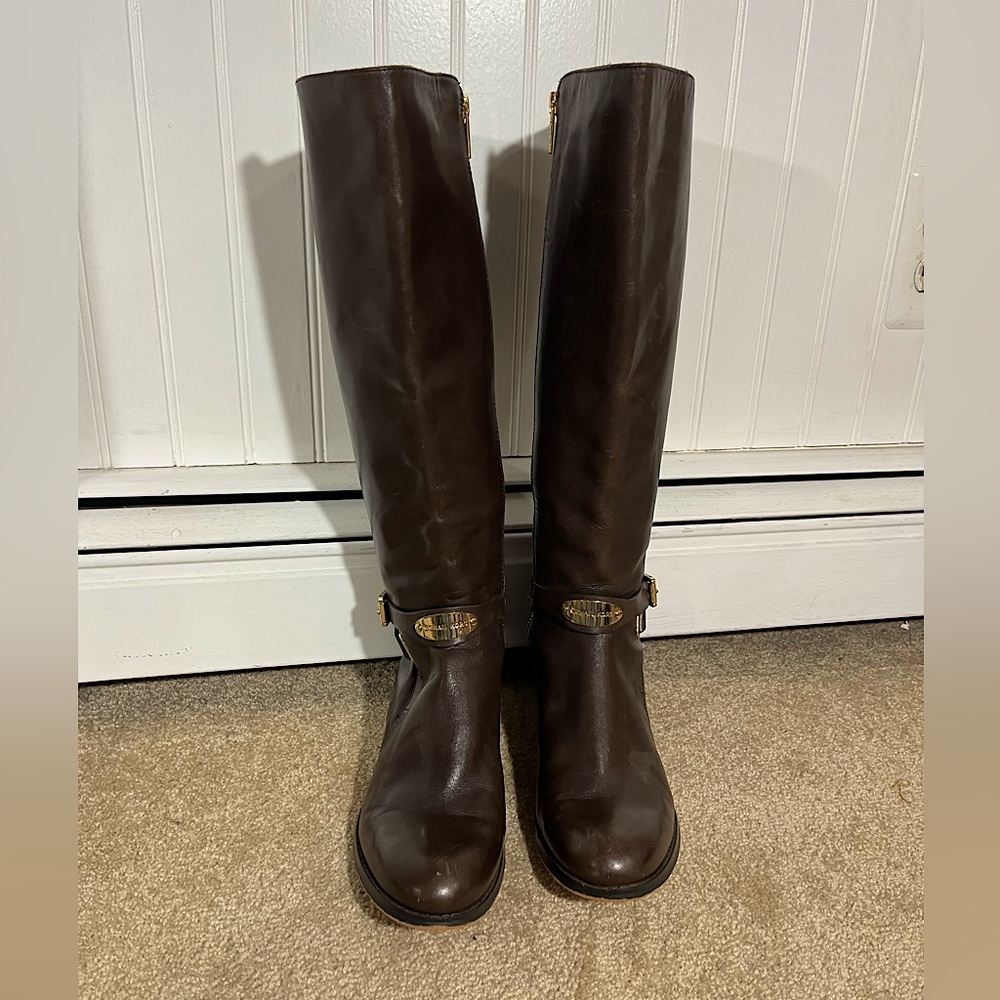 Michael Kors ST14G Brown Leather Womens 6 1/2 M Knee High Riding Zip Up Boots